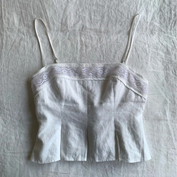 Reformation Meryl Linen Lace Trim Peplum Skinny Strap Blouse Top - Picture 4 of 7